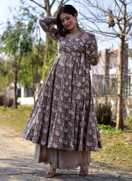 Brown Colour AAYAA 5 Fancy Festive Wear Printed Cotton Silk Kurti With Bottom Collection 3007